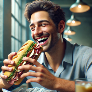 A smiling man prepares to take a bite from a hero sandwich